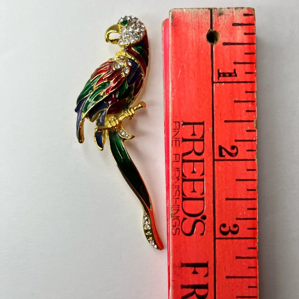 Vintage Multi Color‎ Cloisonne Enamel Rhinestone Tropical Bird Parrot Brooch Pin